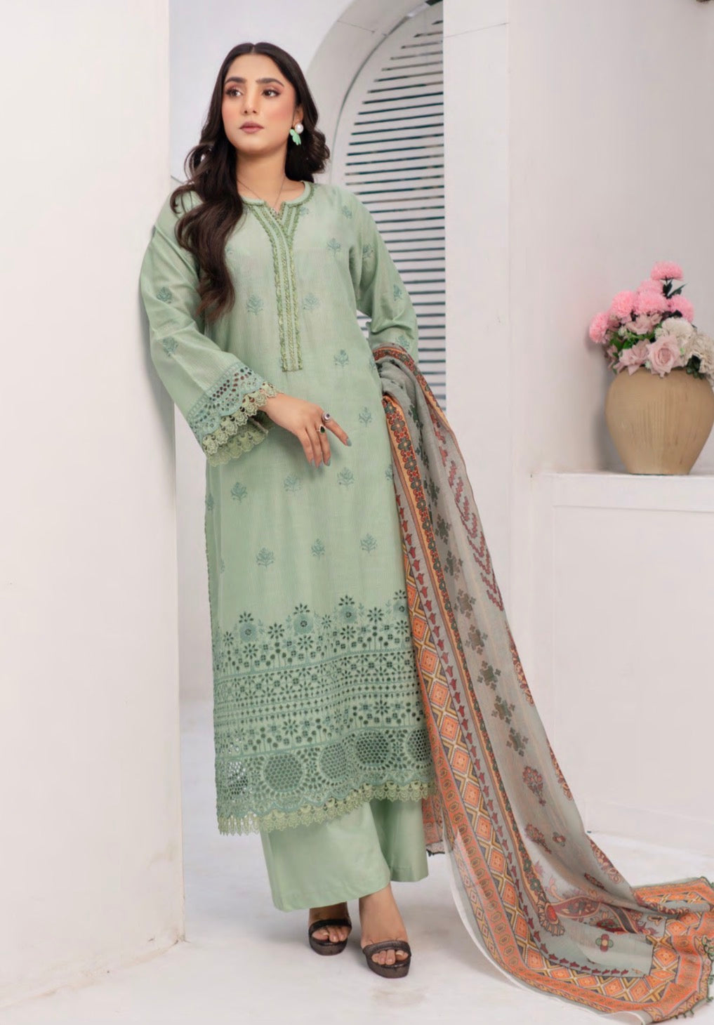 Munira stitched 3-Piece Suit – Mint Serenity