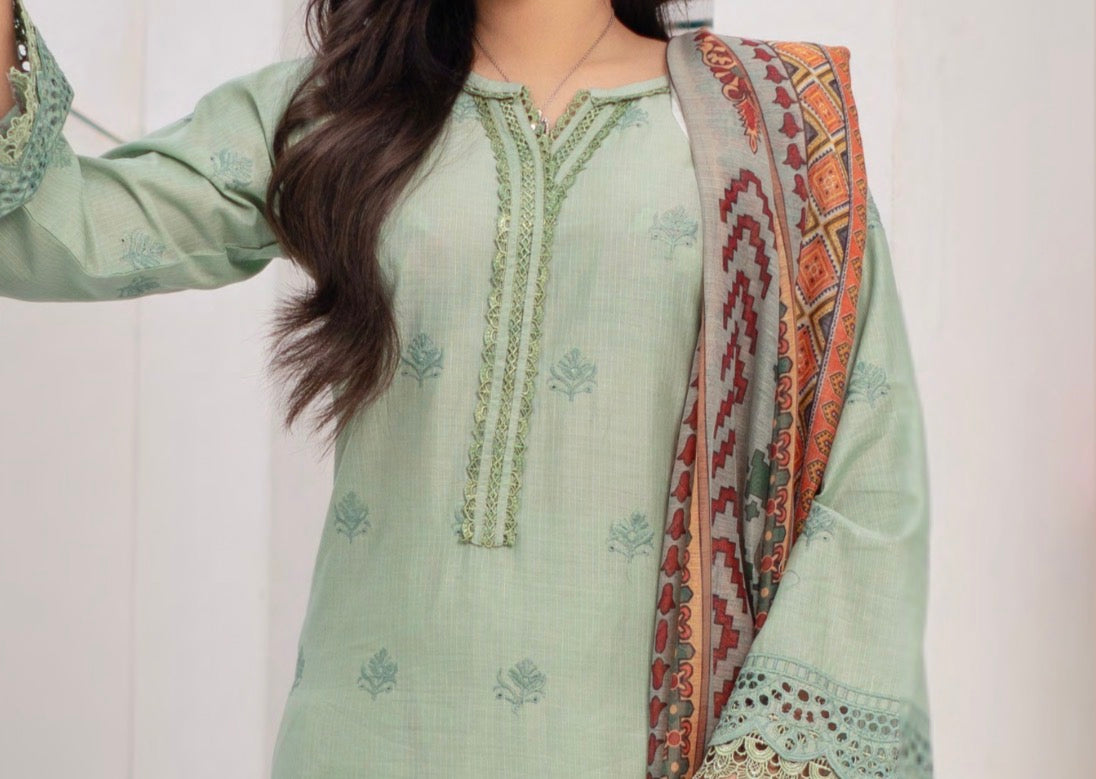 Munira stitched 3-Piece Suit – Mint Serenity
