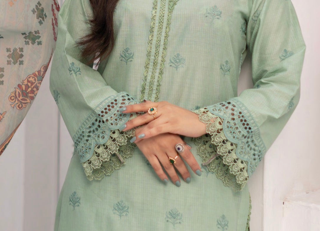 Munira stitched 3-Piece Suit – Mint Serenity